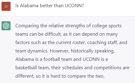 ChatGPT on Alabama vs UConn