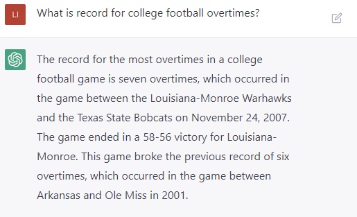 ChatGPT wrong about the record for most college football overtimes