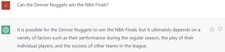 ChatGPT assess the Denver Nuggets chances of winning the 2022-23 NBA Finals